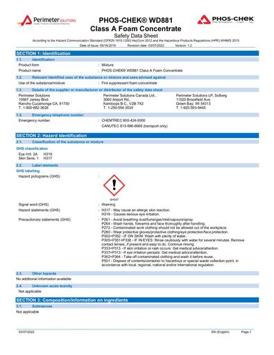 24-02-27 ECC Submission - Fire Retardant - Perimeter Solutions Canada PHOS CHEK WD881 Class A Foam Safety Data Sheet