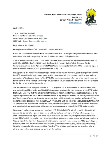 21-04-09 NWRRC Letter to Shane Thompson re Dehla Got'ine Community Conservation Plan