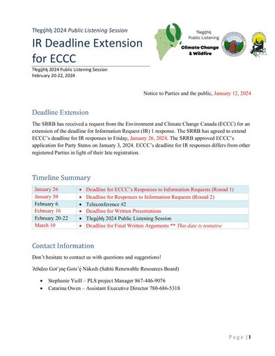 24-01-12 Tłegǫ́hłı̨ 2024 PLS Notice - Deadline Extension IR #1 ECCC