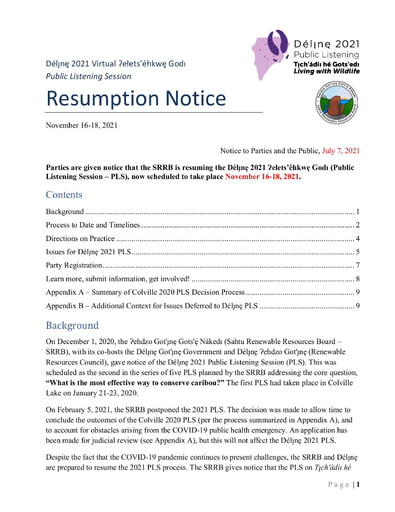21-07-07 Délı̨nę 2021 PLS Resumption Notice