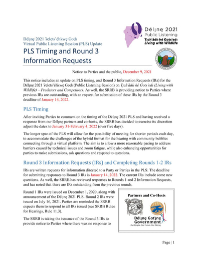 21-12-09 Délı̨nę 2021 PLS - PLS Timing and Information Requests Round 3