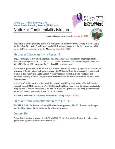 22-08-11 Délı̨nę 2021 PLS - Colville Confidentiality Motion