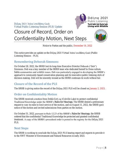 22-12-14 Délı̨nę 2021 PLS - Closure of Record Confidentiality Order