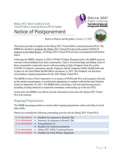 22-01-13 Délı̨nę 2021 PLS Notice Postponement due to COVID-19
