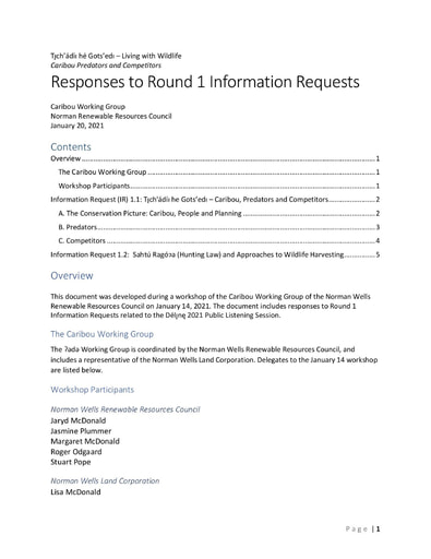 21-01-20 Norman Wells Responses to IRs Round 1 Délı̨nę 2021 Public Listening