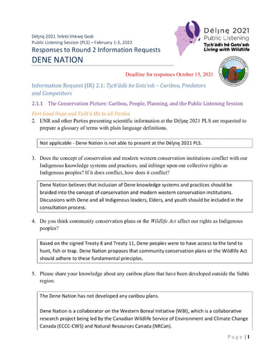 21-10-15 Dene Nation - Délı̨nę 2021 PLS IR2 Responses