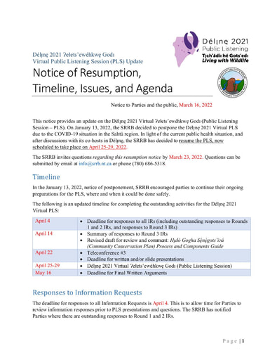 22-03-16 Délı̨nę 2021 PLS - Resumption Notice