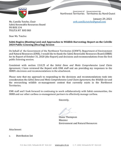 21-01-29 GNWT-ENR Minister Shane Thompson Response to SRRB Colville 2020 PLS Final Report