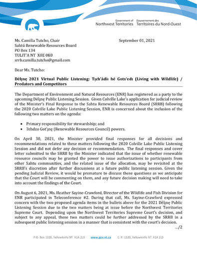 21-09-01 ENR-SRRB Letter - Délı̨nę 2021 PLS Agenda