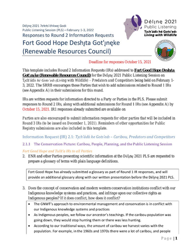 21-11-29 Fort Good Hope Deshı̨ta Got'ı̨nę - Délı̨nę 2021 Round 2 Responses to IRs