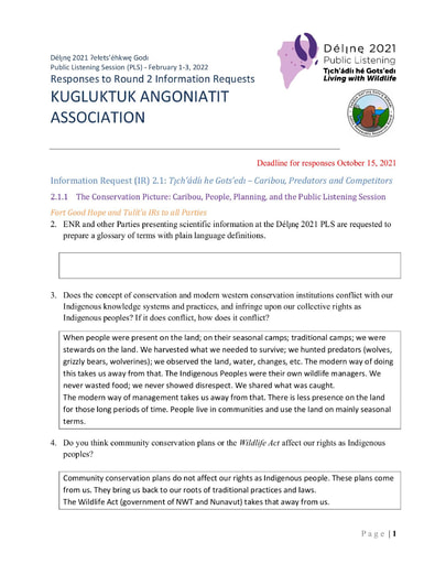 21-10-15 Kugluktuk Angoniatit Association - Délı̨nę 2021 PLS IR2 Responses