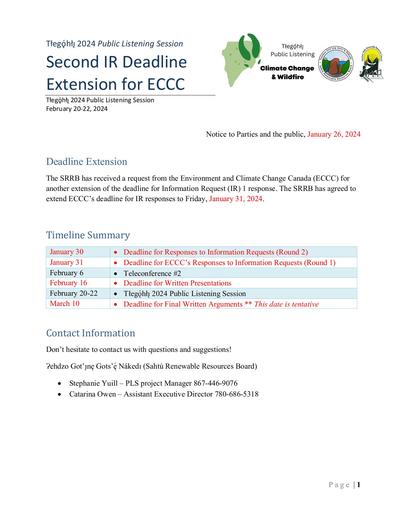 24-01-26 Tłegǫ́hłı̨ 2024 PLS Notice -  Second Deadline Extension IR #1 ECCC